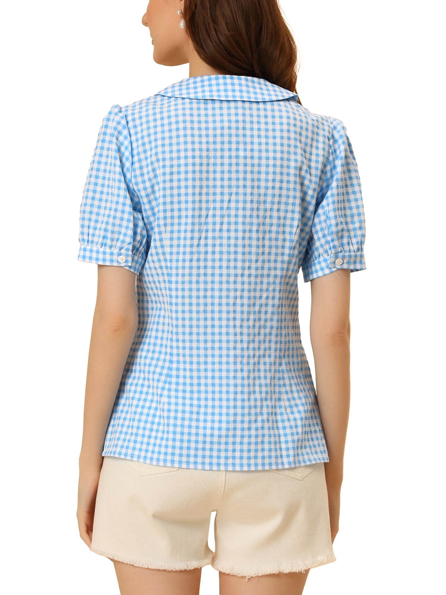 DARING DIVA Women's Plaid Button Down Puff Peter Pan Collar Shirt M Light Blue