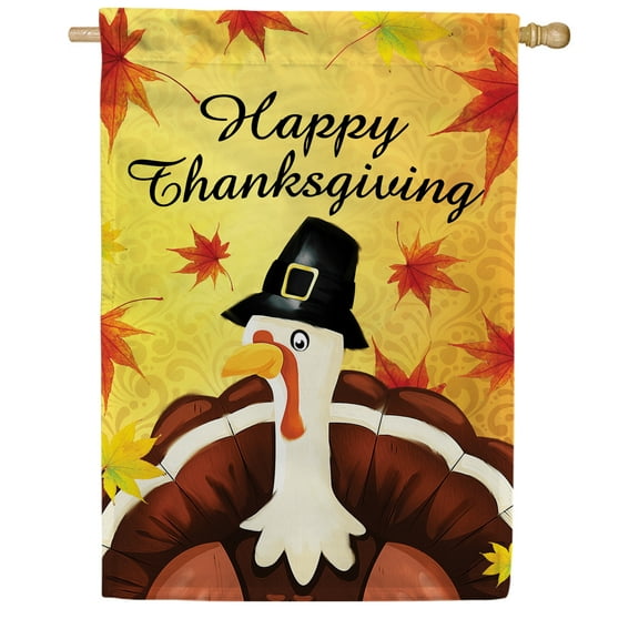 America Forever Happy Thanksgiving House Flag, 28 x 40 inch Double Sided, Pilgrim Turkey Design, Fall Maple Leaves, Holiday Decoration, Autumn Yard Flag