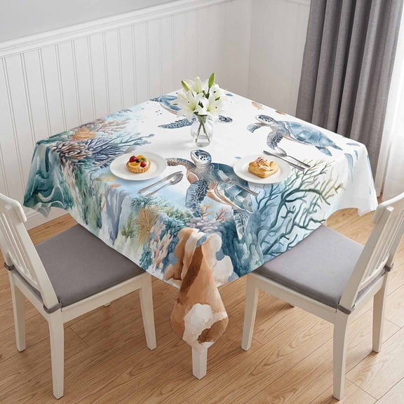 Sea Turtle Coastal Table Cloth Waterproof Tablecloths, Summer Beach Coral Ocean Blue Nautical Tablecloth Dining Table Cover for Kitchen Party Tabletop Outdoor, Square Tablecloth 60x60 Inch