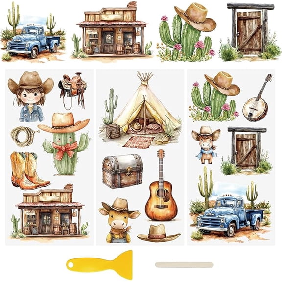 3 Sheets UV DTF Wraps Stickers,Western Cowboys Cup Decals Furniture Stickers Waterproof Transfers Window Decals for Glass and DIY Crafts