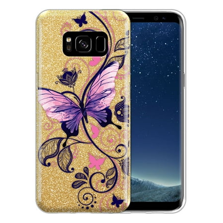 FINCIBO Gold Gradient Glitter Case, Sparkle Bling TPU Cover for Samsung Galaxy S8, Pink Purple Butterfly Curly
