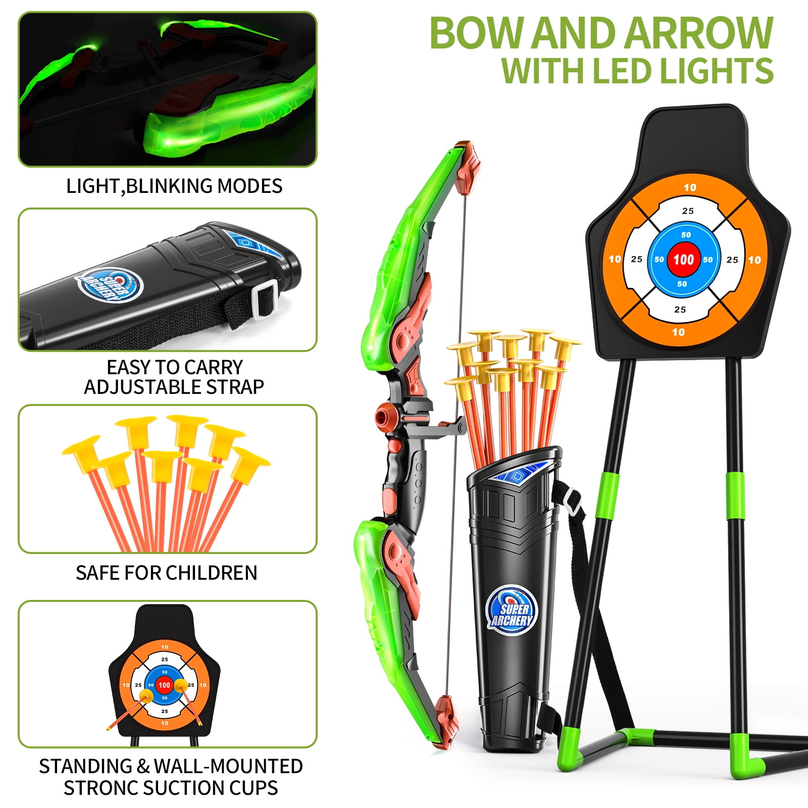 ConeWhale Bow and Arrow Set for Kids with LED Lights, 10 Arrows Archery Quiver with Standing Target, Outdoor Toys for Kids Boys & Girls Ages 3-12 Years Old