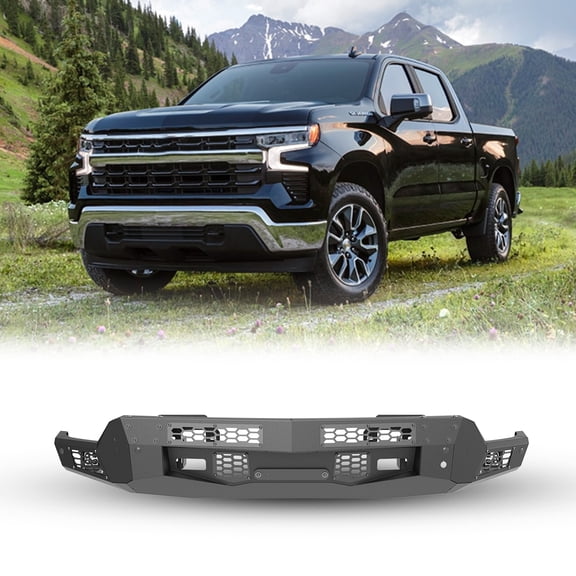 Front Bumper Compatible for Chevy 2022-2026 Chevrolet Silverado 1500 (Excluding ZR2 / LTD Model), Off-road Bumper with 2x LED Pod Light & Bull Bar