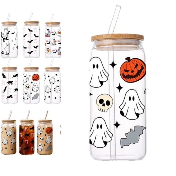 Halloween Printed Glass Can Tumbler, Spooky Ghost Bat Pumpkin Iced Coffee Cup with Bamboo Lid & Glass Straw for Holiday Party Drinkware