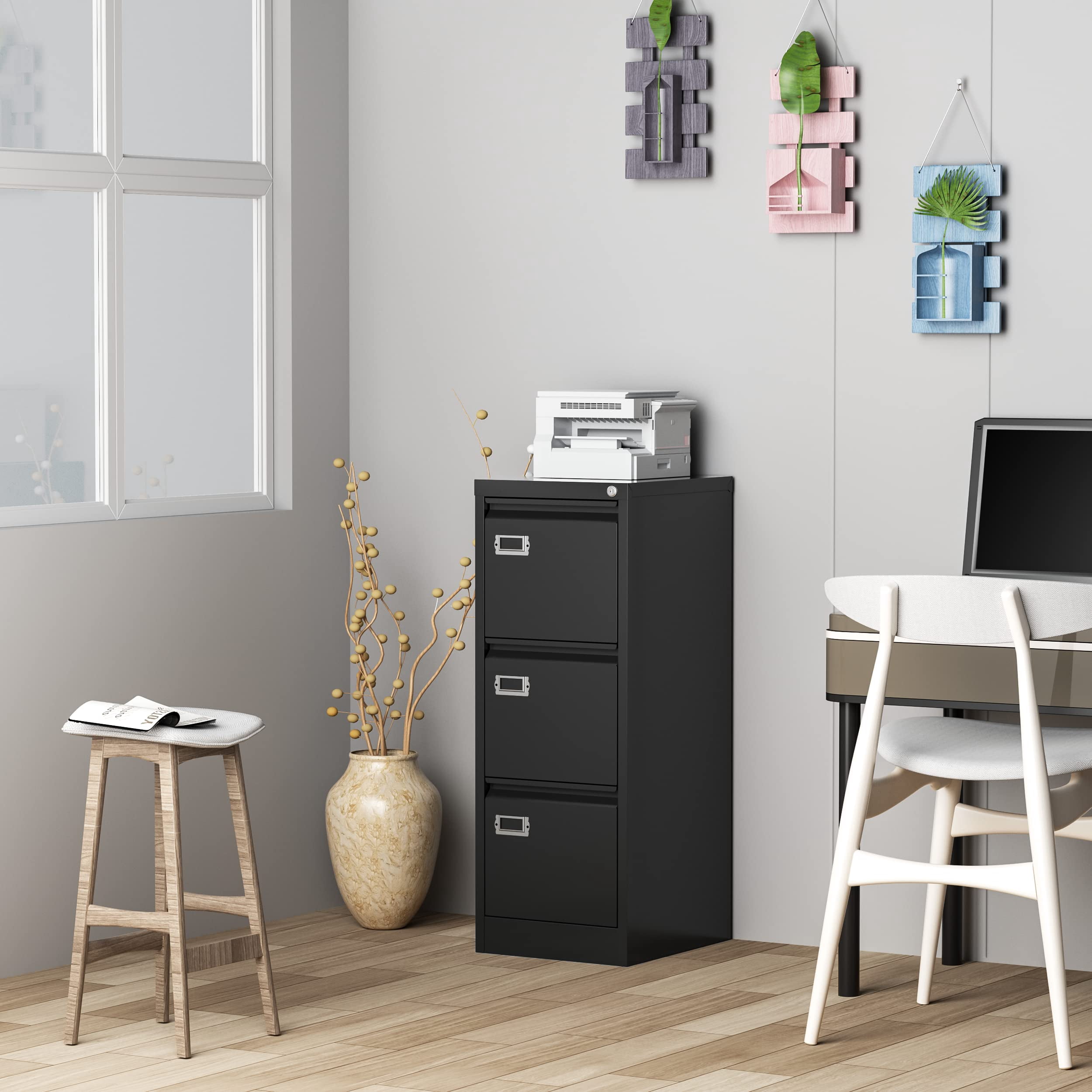 Fesbos 3 Drawer File Cabinet with Lock, File Cabinets for Home Office,18" Deep Vertical Metal Black File Cabinet Office Storage Cabinet Organizer for Letter/Legal / A4