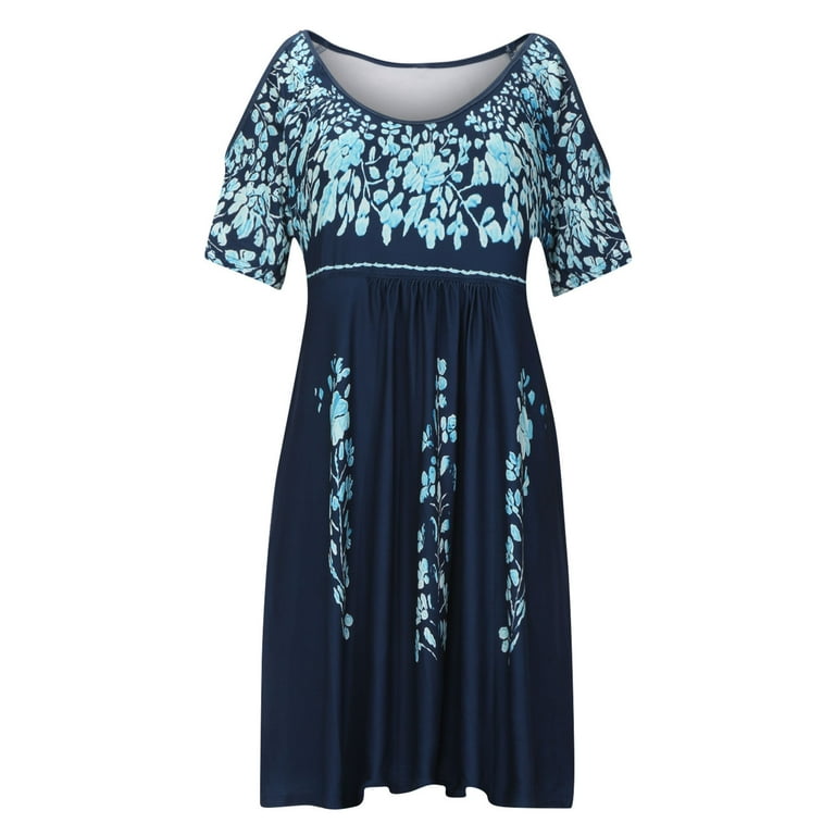 Jsaierl Summer Mexican Dresses for Women 2025 Casual Print Dress Flowy Short Sleeve Midi Dress Loose Crew Neck Boho Dress, Women's, Size: Small, Blue