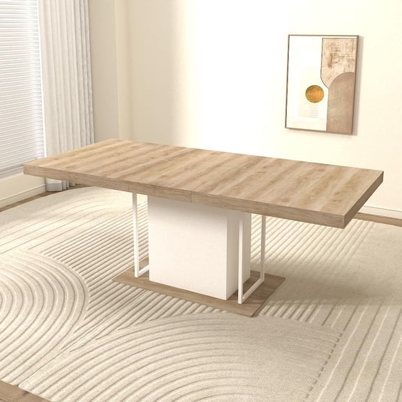 63"-78.74" Extendable Kitchen Table for 4 6 8 10 People, Mid Century Modern Wooden Dining Room Table with White Sturdy Pedestal, Rectangular Transformer Dinner Table for Small Space, Dining Room