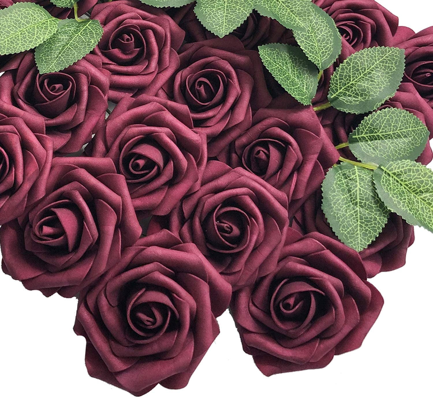 Artificial Flowers 25Pcs Real Looking Burgundy Fake Roses with Stems for DIY WR1 