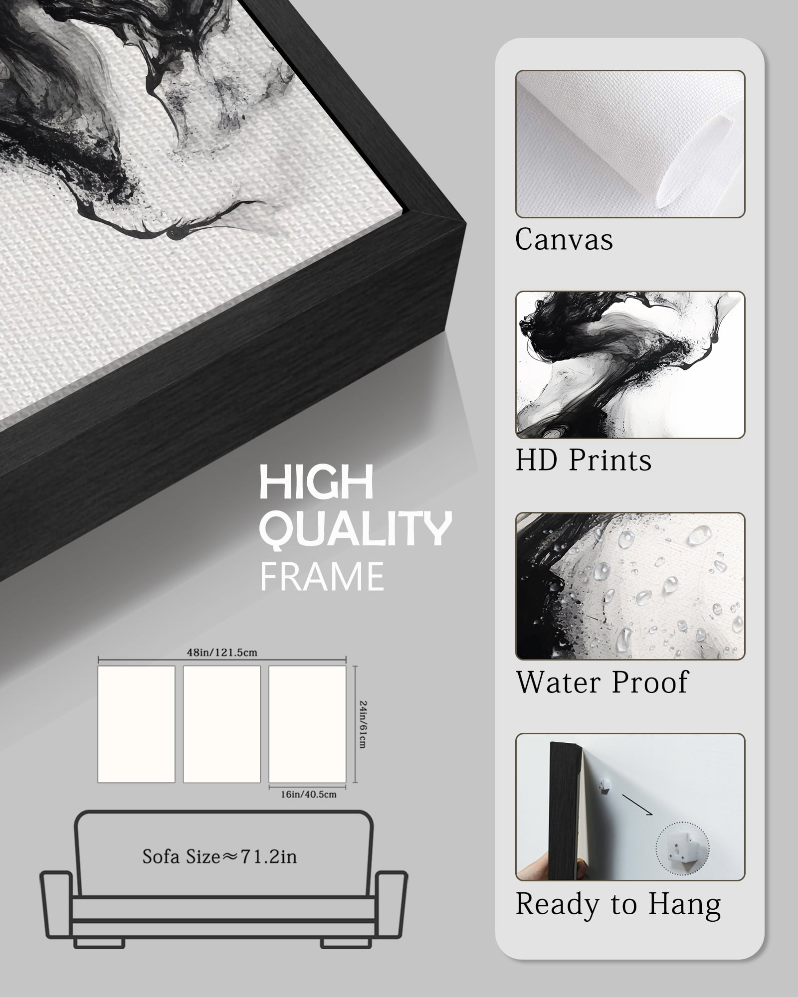 SHENIFY Black White Abstract Canvas Wall Art 16x24in3pcs Black Framed Ink Wash Pastel Wall Decor Modern Rendering Illustration Art Painting for Dining Room Bedroom