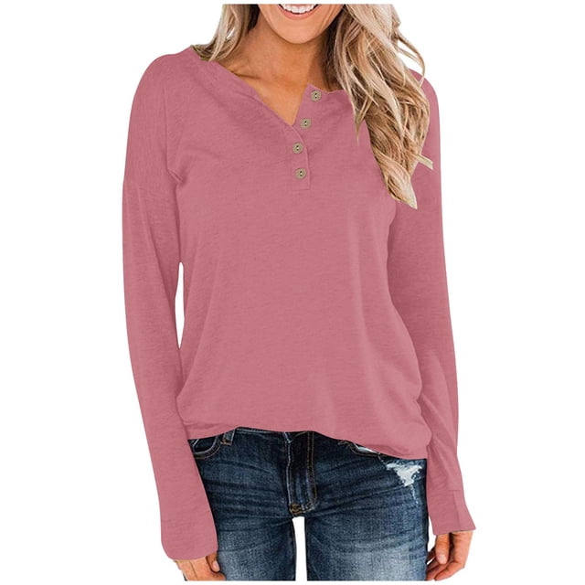 Timegard Womens Tops Notched V Neck Long Sleeve Basic Tee Shirts Fall Casual Solid Color Tops Blouse