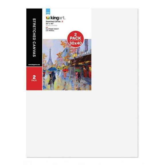 Kingart Stretched White Canvas 30" x 40", 100% Cotton, Gesso-Primed, 2-Pack, For all ages