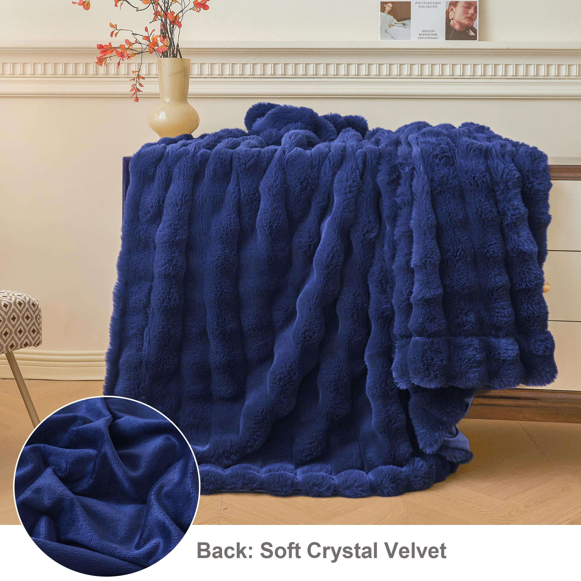 LIFEREVO Fluffy Faux Rabbit Fur Bubble Blanket, Plush Shaggy Throw for Couch Sofa, Cozy Comfy Furry Bed Blanket Adults Kids Teens Girls, Royal Fuzzy Throw for Bedroom Living Room 60x90, Navy Blue