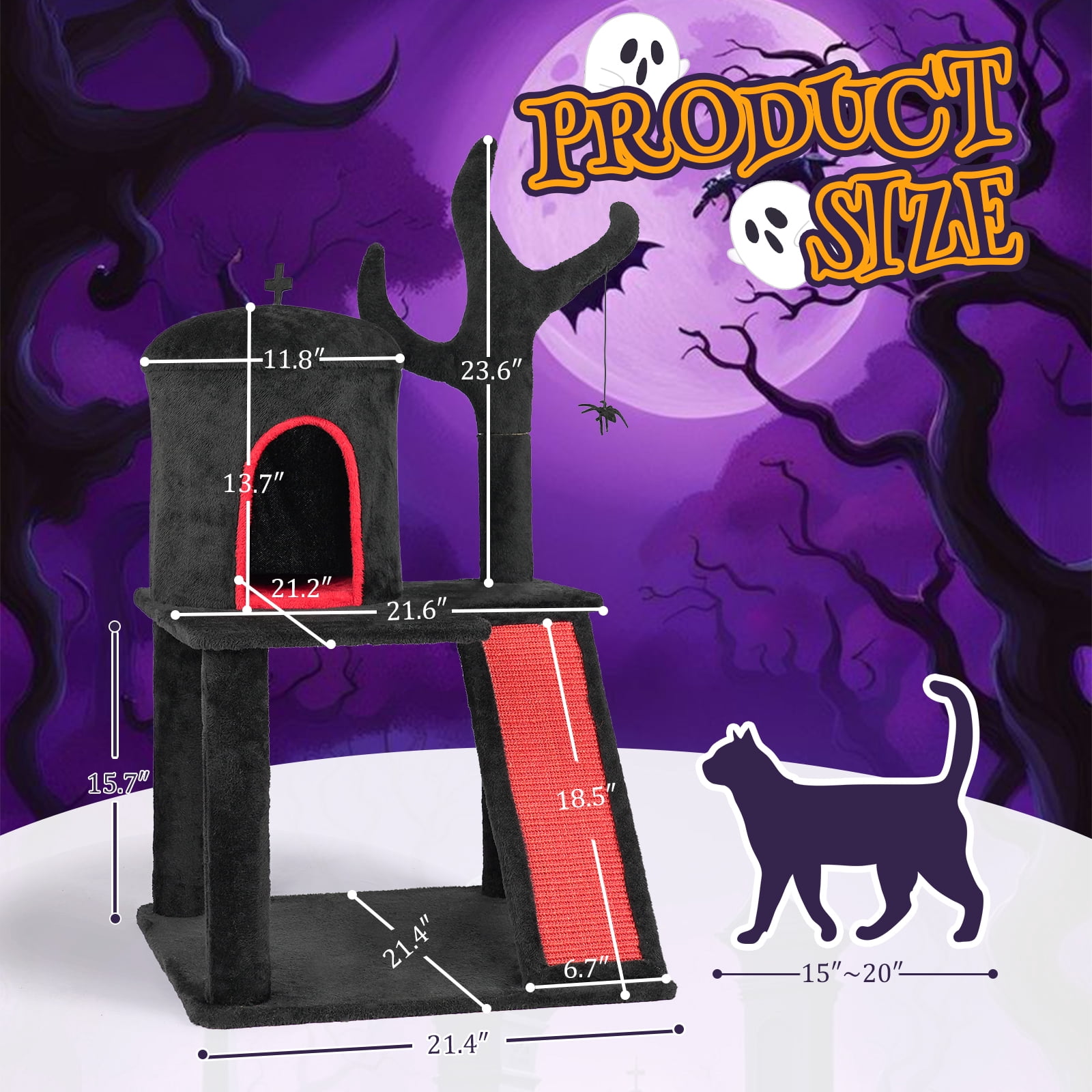 Zimtown 2-Level Halloween Cat Tree, Black & Red Pet Furniture with Scratching Post & Hideout