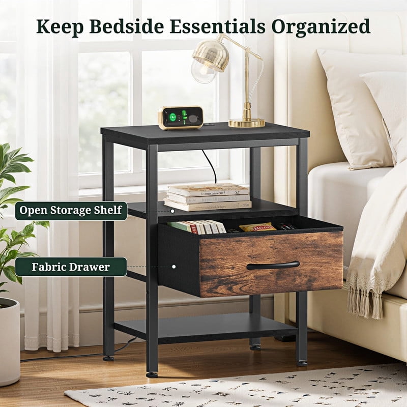 Kelno Nightstand with Fabric Drawer Charging Station USB TypeC Outlets Small Bedside Table with Wood Top Adjustable Shelf, Black Brown