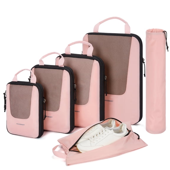 BAGSMART Set of 6 Compression Packing Cubes for Travel, Packing Organizers for Suitcases, Luggage Storage Bags Sets with Shoe & Laundry Bag, Expandable Foldable Lightweight, Baby Pink