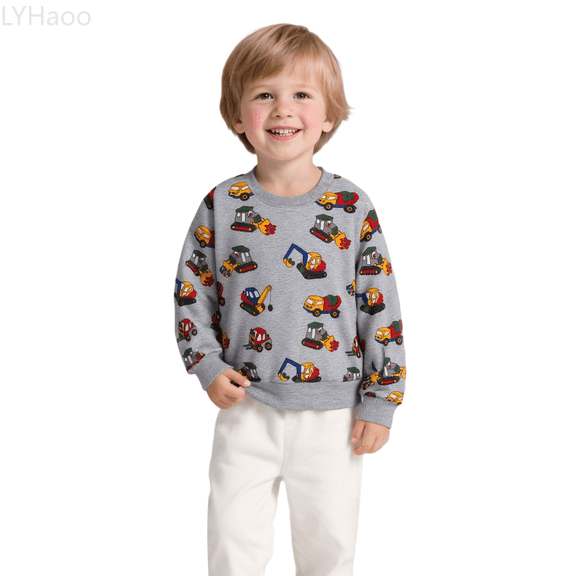 LYHaoo Boys Long Sleeve Crewneck Sweatshirt With Cute Cartoon Construction Truck Print For Autumn Winter Casual Wear Cute Graphic Sweatshirt Sizes 2-3 Years(Gray)