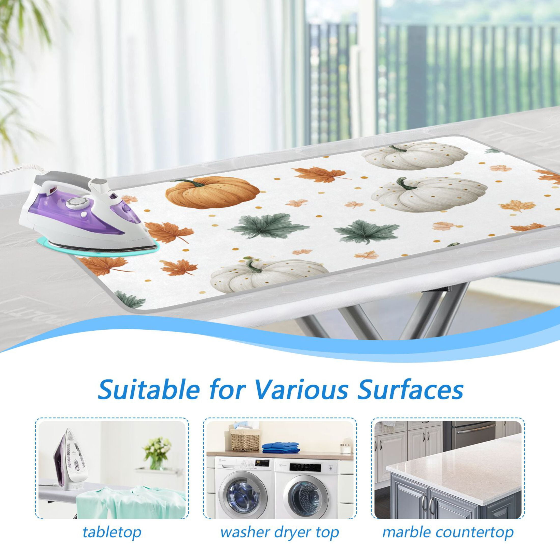 Dots Pumpkins Leaves Harvest Festival Ironing Mat Blanket Portable Travel Ironing Pad Heat Resistant Pad 47.2" x 27.6”