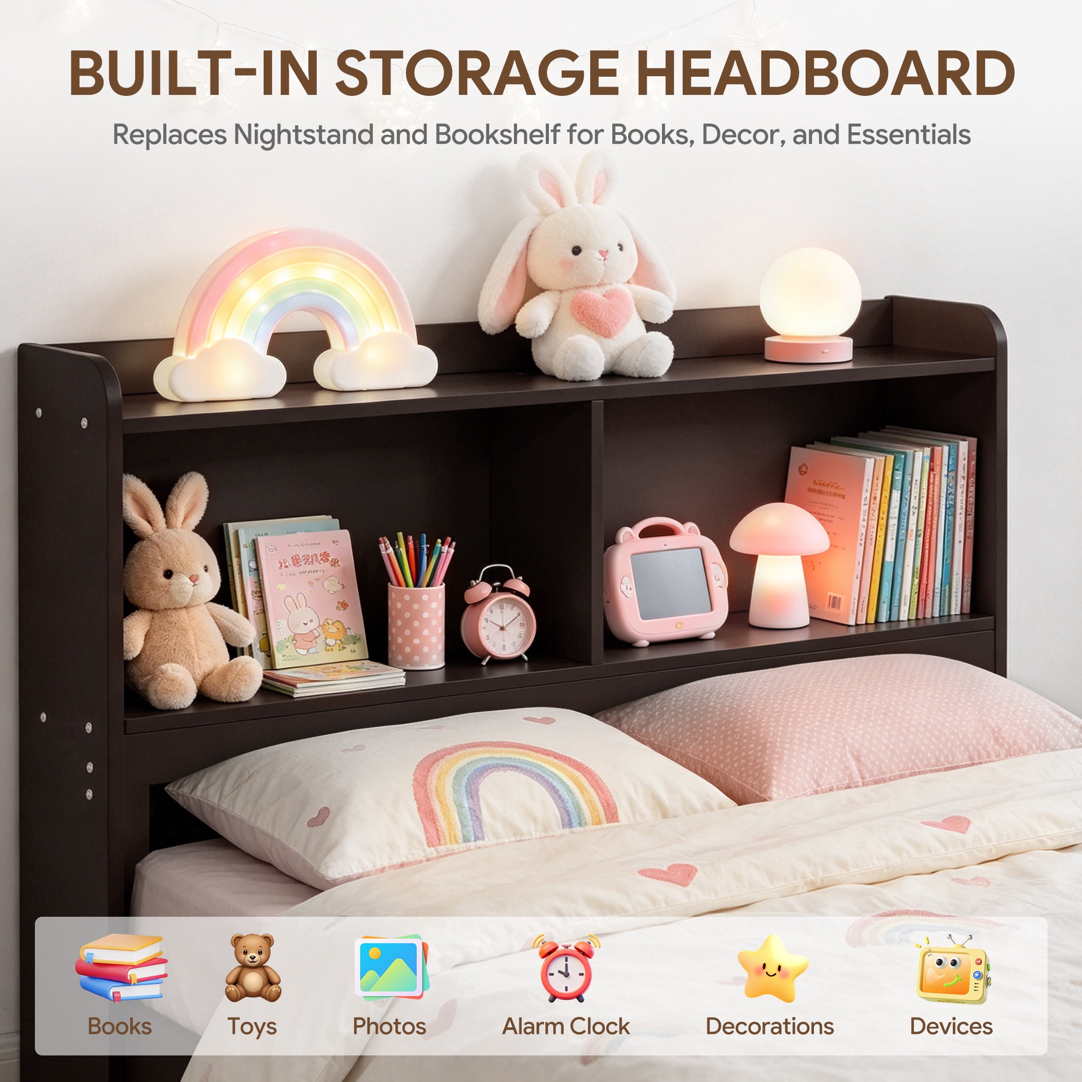 UHOMEPRO Twin Trundle Bed with Storage Headboard, Espresso Trundle Bed Frame for Kids Girls Boys, Twin Bed with Trundle, No Box Spring Needed
