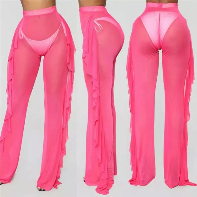 Pantalon de Couverture en Maille Transparente à Volants pour Maillot de Bain Bikini, Pantalon de Couverture en Maille Transparente à Volants pour Femmes, Rose Rouge G