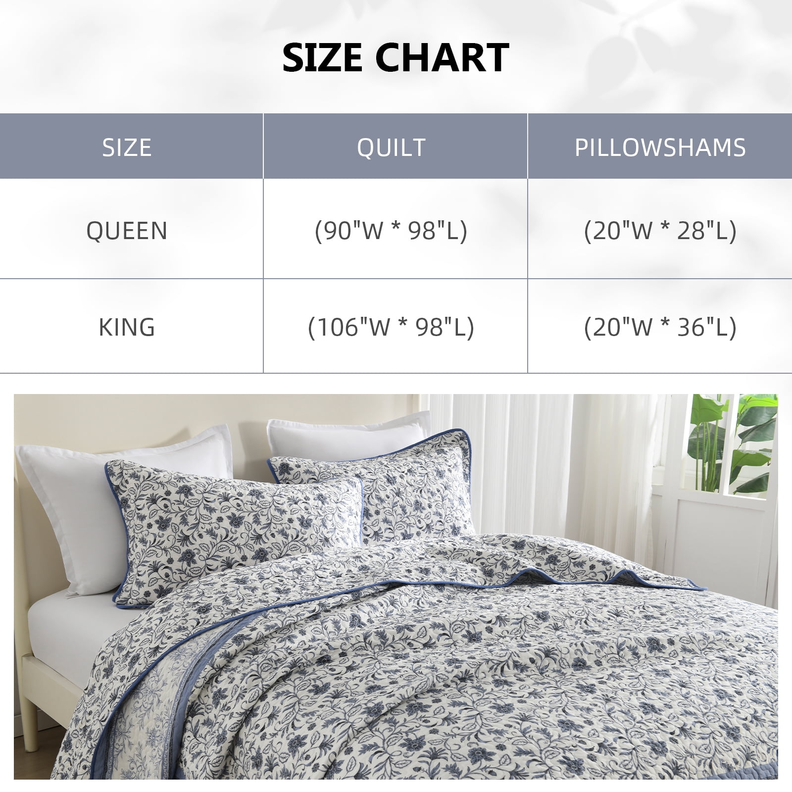 PANGUSHAN 100% Cotton Queen Quilt Set, Floral Queen Size Quilt Bedding Set Bedspreads, Reversible Botanical Patterns Quilted Lightweight Comforter, Blue/White/Gray Bed Spread for Queen Bed