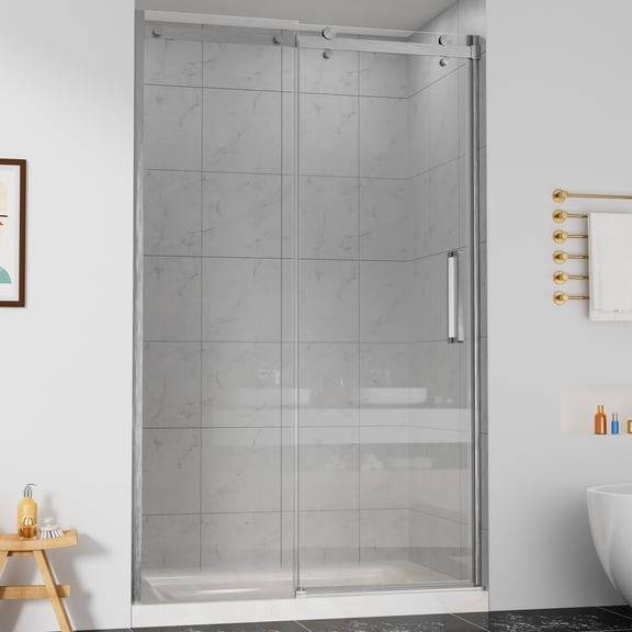 Hasipu 44-48" W x 76" H Shower Door, Frameless Single Sliding Shower Door with 5/16" (8mm) Crystal Clear Tempered Glass Door Bathroom Enclosure Brushed Nickel