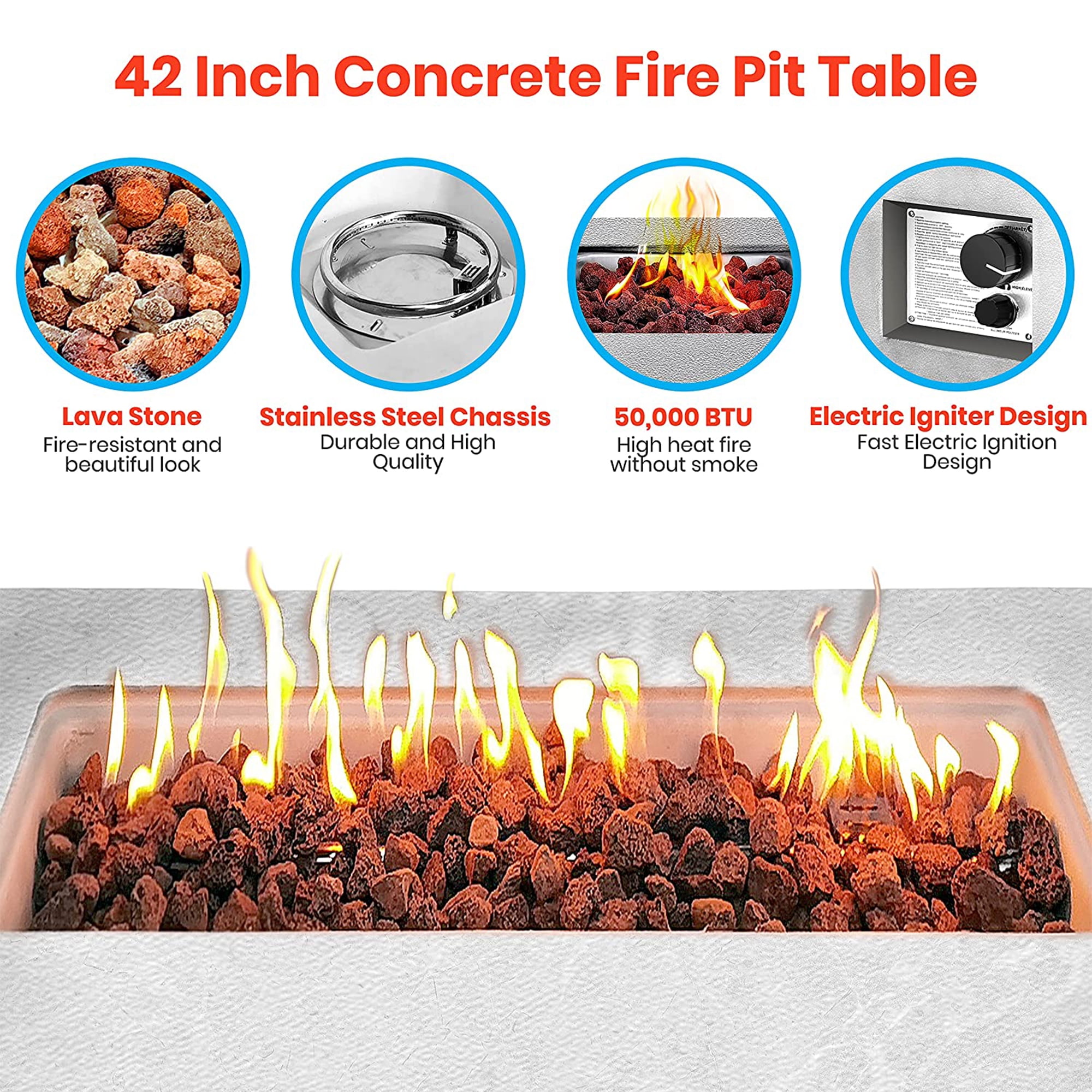 SereneLife Concrete Outdoor 50,000 BTU Propane Gas Patio Fire Pit Table