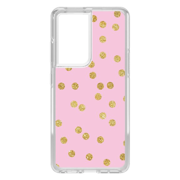 DistinctInk Clear Shockproof Hybrid Case for Galaxy S21 ULTRA 5G (6.8" Screen) - TPU Bumper, Acrylic Back, Tempered Glass Screen Protector - Pink & Gold Print - Polka Dots Pattern
