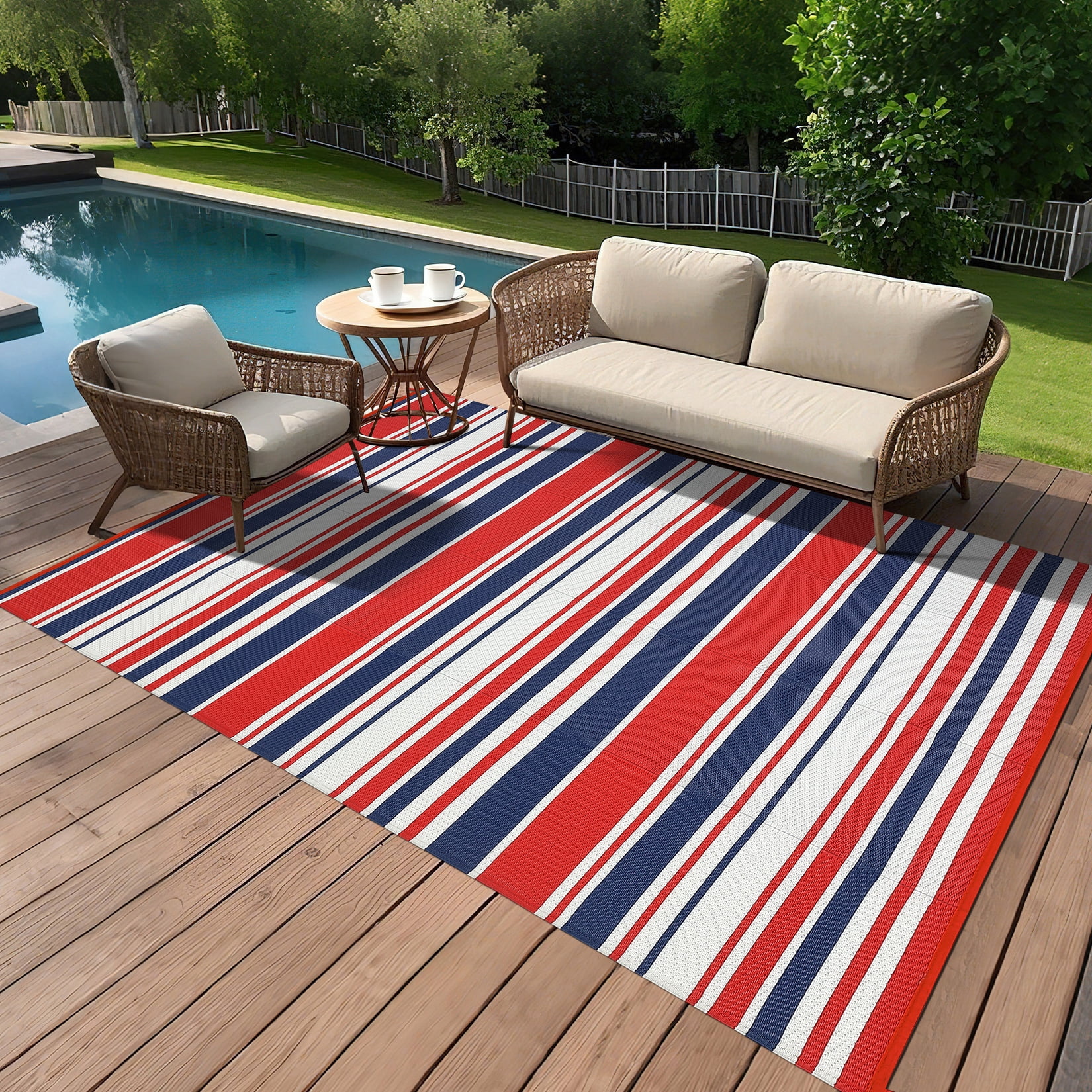 HIWEAVER 10' x 14' Red/Navy Outdoor Rug PP Plastic Straw Woven Waterproof Patio Rug with Border Portable Outside Carpet for Balcony Deck Picnic Garden Decor
