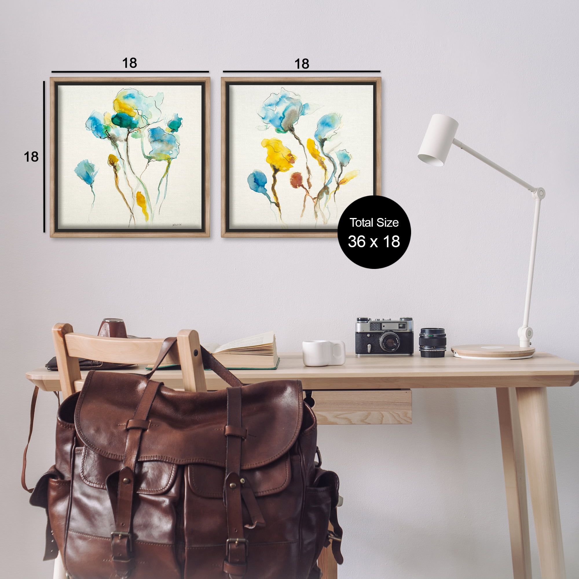 Stupell Industries Watercolor Teal & Yellow Flowers Abstract Painting Brown Floater Framed Canvas Art Print Wall Art, 18 x 18, Set of 2