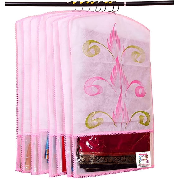 atorakushon Nonwoven 25'' Hanging Garment Suit Bags Storage Clothes Cover with Clear Window for Tuxedos Shirts Saree Pack of 6 Printed color
