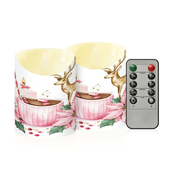2 PCS Tilted Flameless Candles Flickering LED Lights Battery Operated Candles with Remote Timers for Holiday Decor Pink Christmas-themed