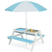 4 in 1 Kids Picnic Table, Wooden Sand & Water Tables with Removable Umbrella, 2 Play Boxes & Removable Top, Kids Outdoor Tables & Chair Set, Indoor Toddler Picnic Table for Backyard (Blue)