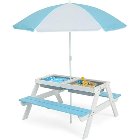 4 in 1 Kids Picnic Table, Wooden Sand & Water Tables with Removable Umbrella, 2 Play Boxes & Removable Top, Kids Outdoor Tables & Chair Set, Indoor Toddler Picnic Table for Backyard (Blue)