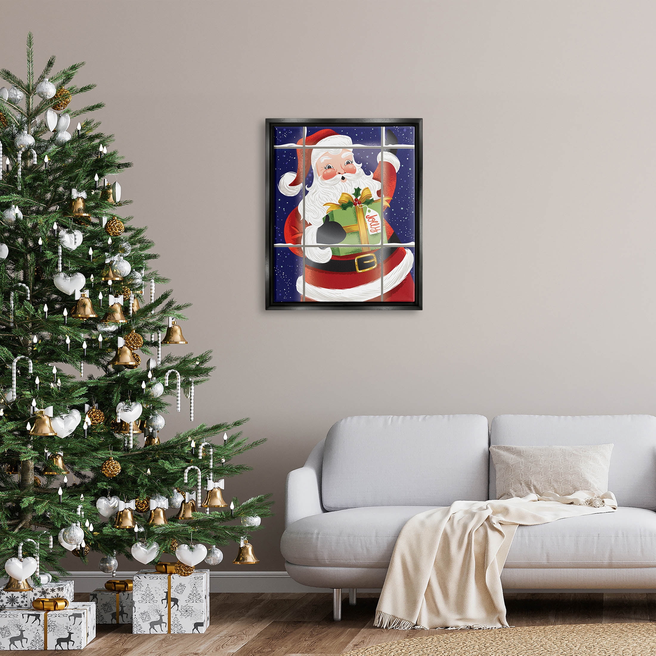 Stupell Industries Vintage Jolly Santa Window Graphic Art Jet Black Floating Framed Canvas Print Wall Art, Design by Arrolynn Weiderhold
