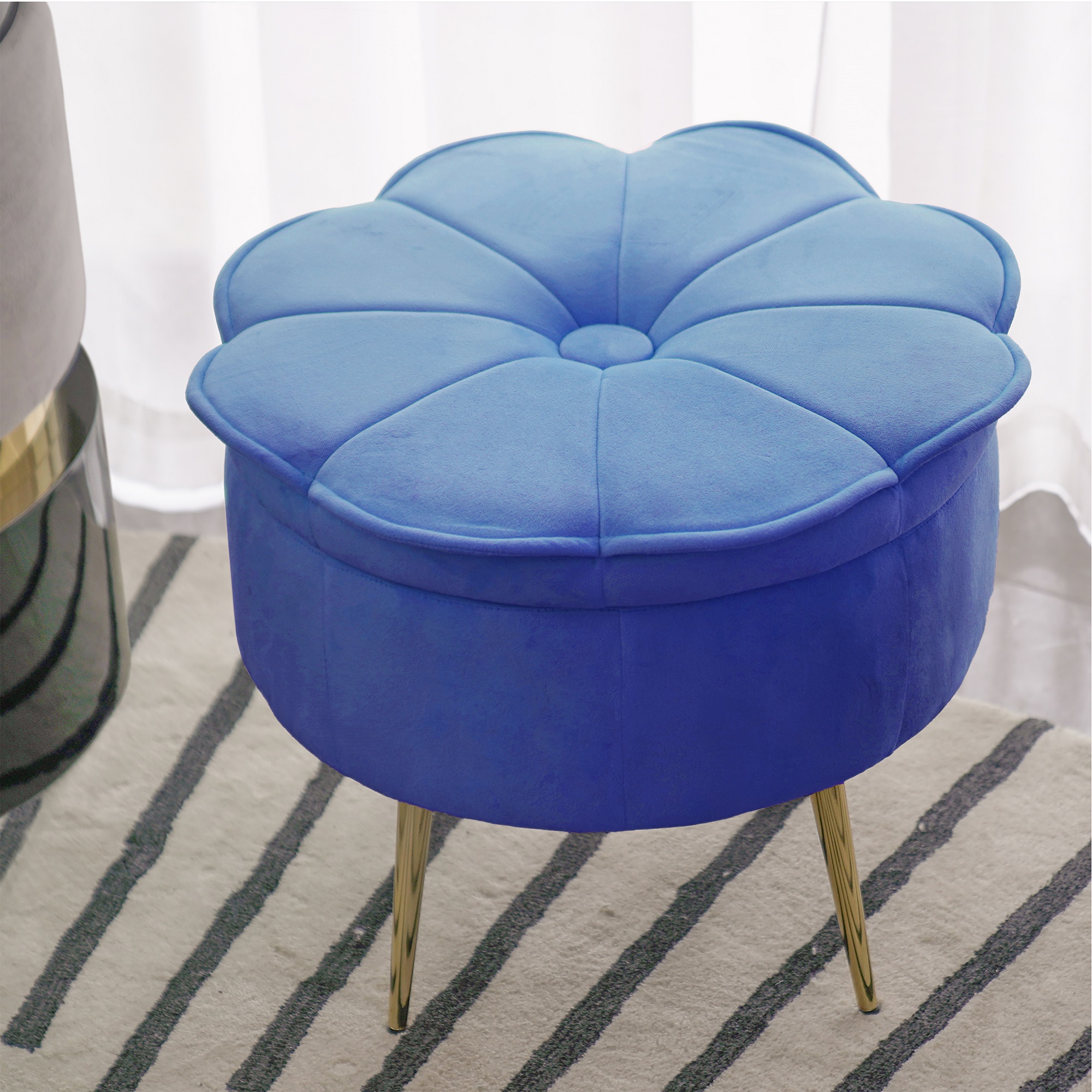 Ottoman Round Vanity Stool with Storage Velvet FlowerShape, Blue