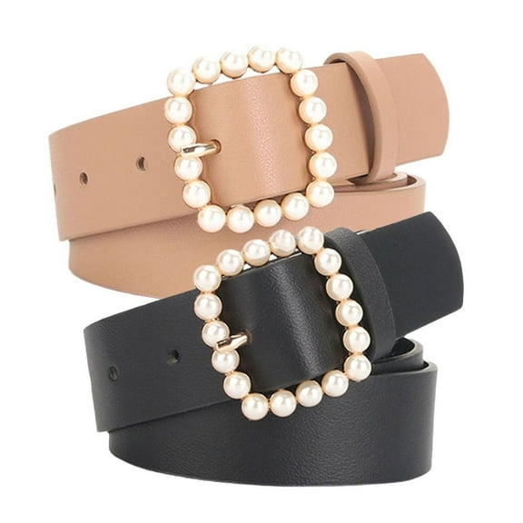 SWSMCLT Women's Adjustable PU Belts Belt 2 Pack Bead Belt Loops Casual Skinny Ratchet All Seasons Belt Black Khaki X-Small-Large