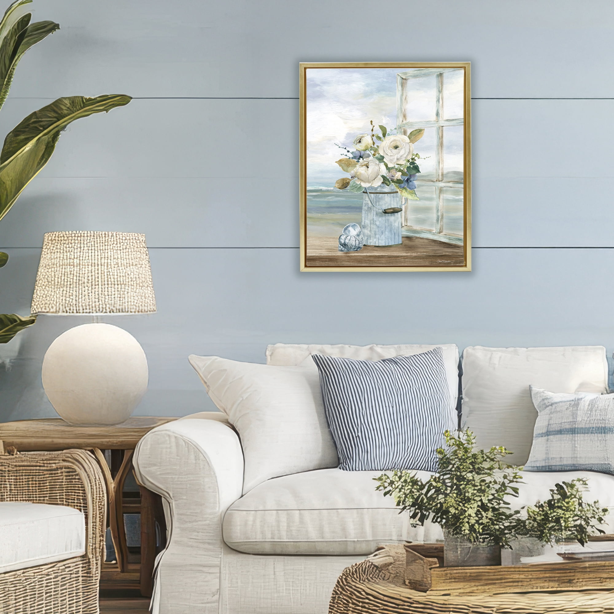 Stupell Industries Seaside Florals on Windowsill Gold Framed Floater Canvas Wall Art, design by Carol Robinson