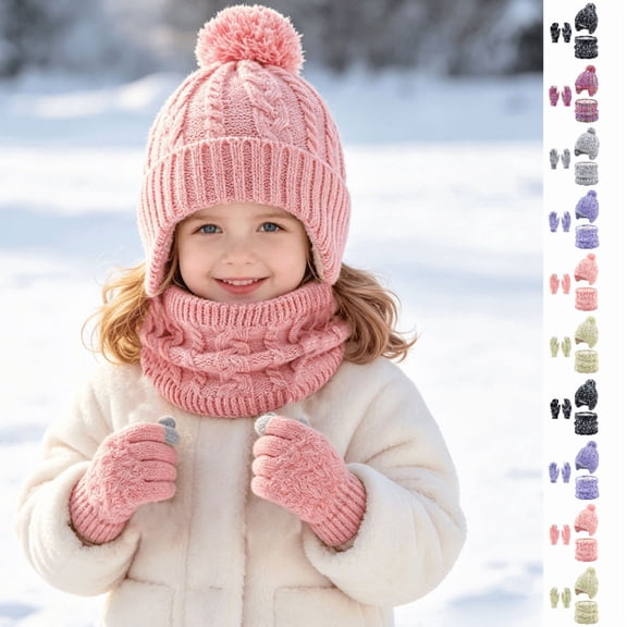 Fatuov 3pc Beanie Hat Scarf Gloves Set for Girls, Warm Knitted Hat Scarf Gloves Set Winter Accessories Sets Age 2-10