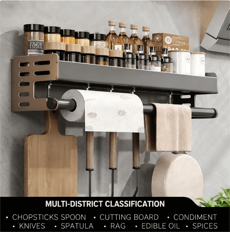 Mnplciea  Spice Rack Wall Mount with Paper Towel Holder and Hooks,  Hanging Spice Organizer for Seasonings, for Kitchen, Balcony, Bathroom, Laundry Room