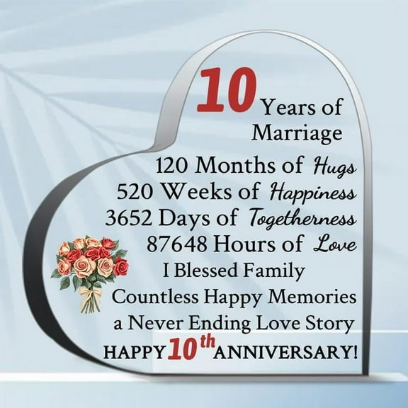 10 Years Of Marriage Gift 10Th Wedding Anniversary Acrylic Heart Marriage Keepsake Decoration Gift F Thank You Gifts For Women Men, Decoration Heart Shape Acrylic Sign Gift