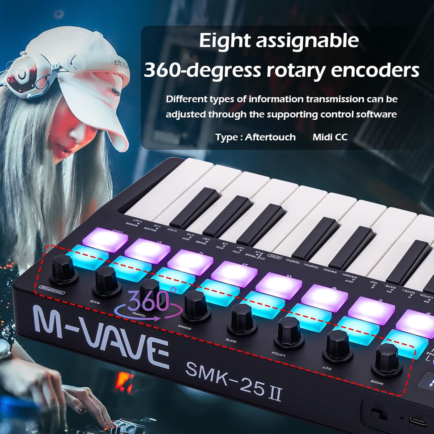 25-key MIDI sequencer keyboard controller with 16 RGB backlit drum pads and 8 knobs. Supports DAW and NKS integration, chord/scale modes. Includes software bundle.