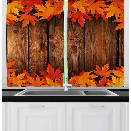 Fall Kitchen Curtains Fall Curtains 2 Panels Set, Dry Leaves Poured Onto Wooden Board Cabin Cottage Rustic Country Life Theme Print, Window Drapes for Living Room Bedroom, 55W X 39L Inches, Brown Orange, by Ambesonne ()