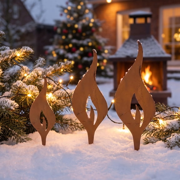 Vintage Flame Metal Yard Stakes, Garden Decor Stakes, Rusty Iron Outdoor Christmas Decoration, Layered Flickering Flame Design, Holiday Lawn Ornament for Winter Party Landscaping