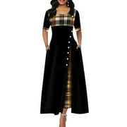 Falimottype Women's Fashion Half Sleeve Plaid Print Button Detail Maxi Dress Plus Size