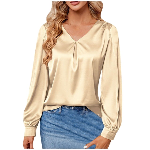Timegard Tops for Women V-Neck Ruched Long Sleeve Solid Color Tee Tshirts Work Fall Casual Loose Tops
