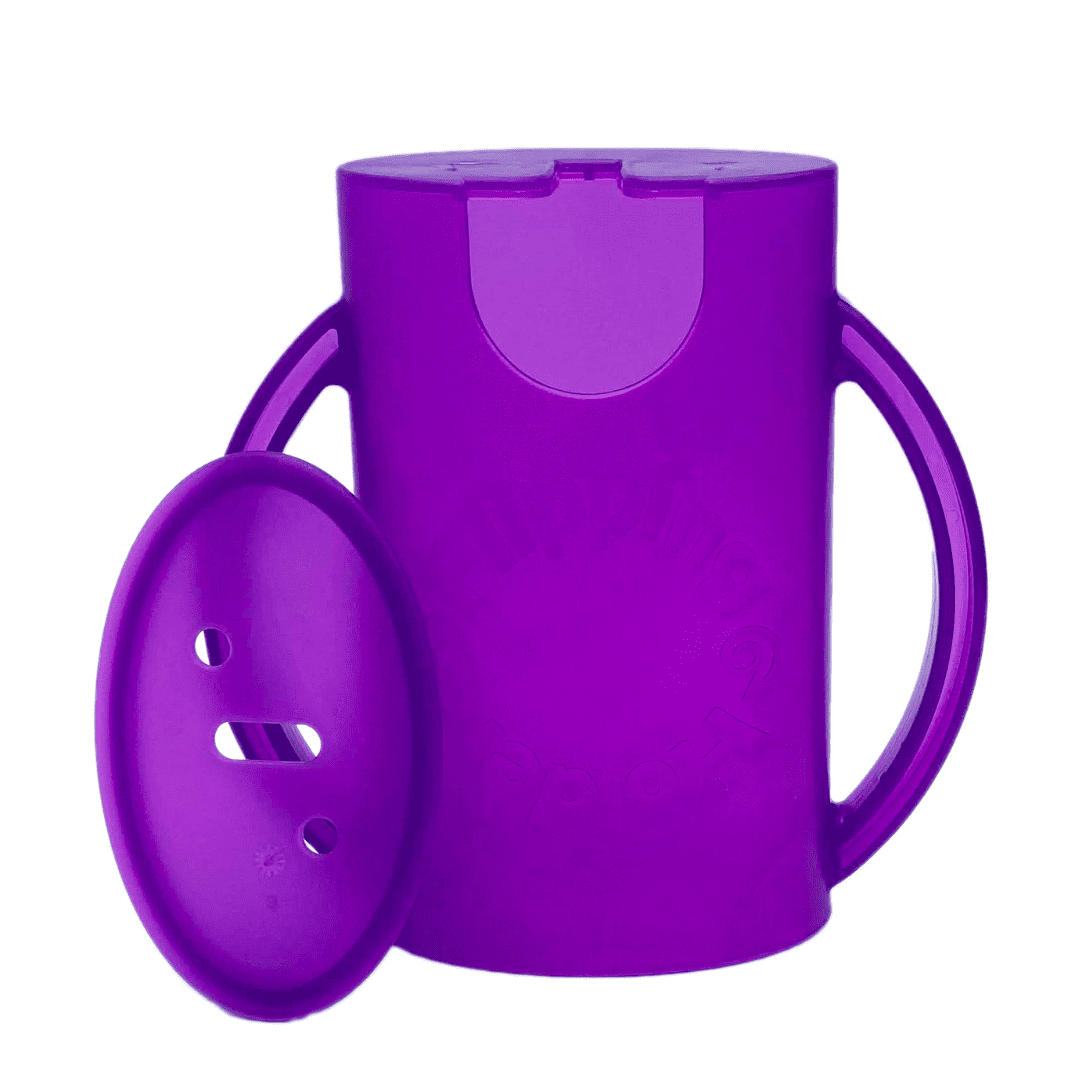 Squeeze Proof Flipping Holder DELUXE with lid for Food Pouches & Juice Boxes (Purple) - Multipurpose Design with Cover - Prevent Messes & Support Self-Feeding - Handles for Easy Grasping - Made in USA
