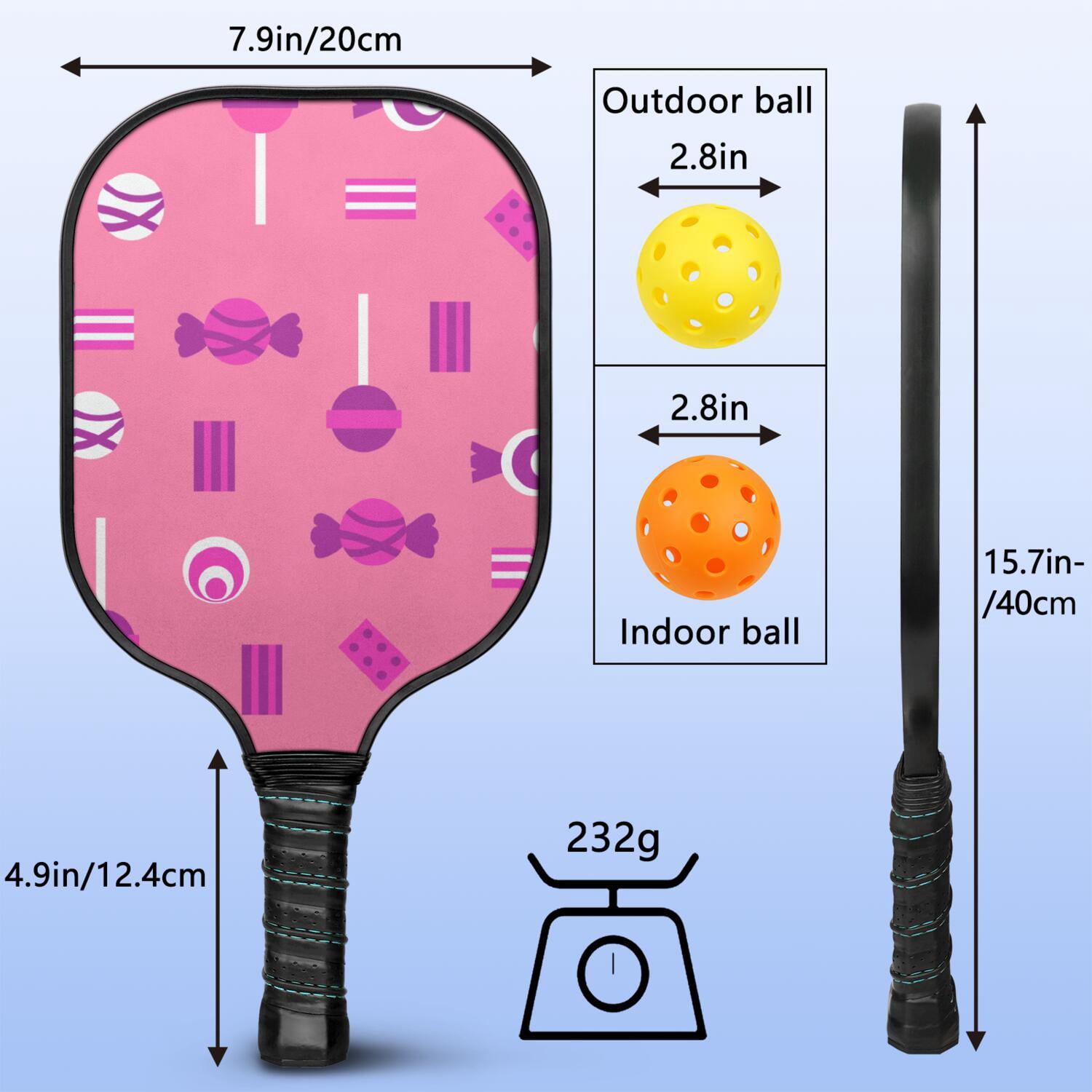 Pickleball Paddles Set Of 1, Fiberglass Surface, Sweet Candy Print, 1 Paddle, 2 Balls & Bag