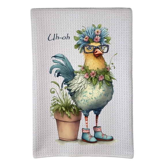 Chicken Uh-oh Sassy Fancy Chick Flowers Farm Animal 16"x24" Sublimation White Waffle Towel Trifolded 100% Polyester Highly Absorbent Kitchen Dish Towel Humorous Sarcastic Gift wwt-030