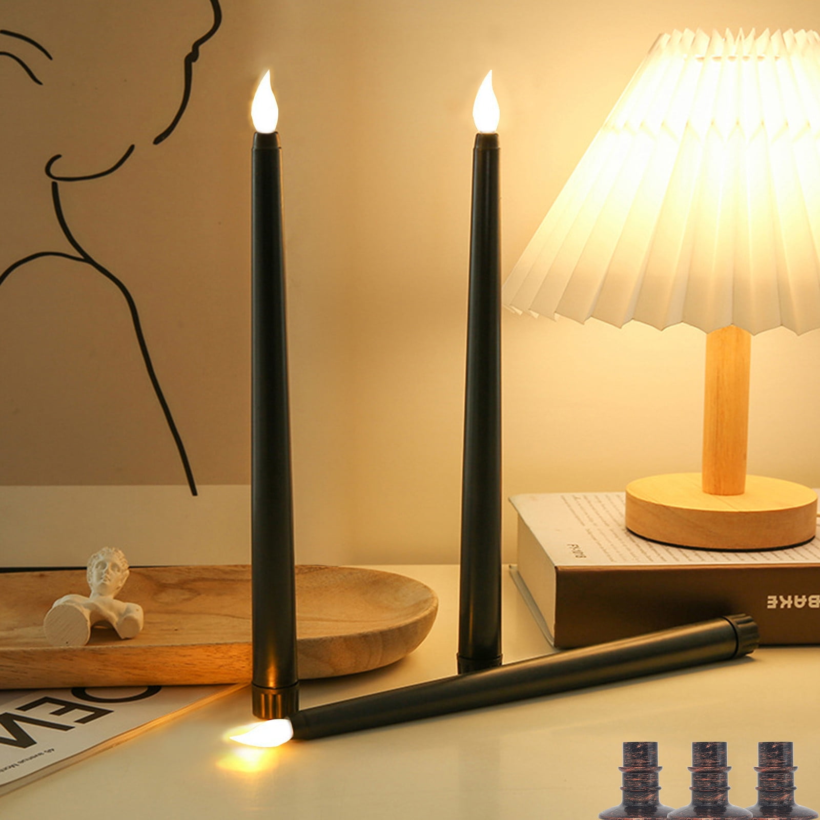 6 Pcs Flameless Tall Taper Candles With Base Battery Operated, Candle Light LED Plastic Flameless Candlesticks, Fake Candles Flickering Tapered Candles For Fireplace Dining table