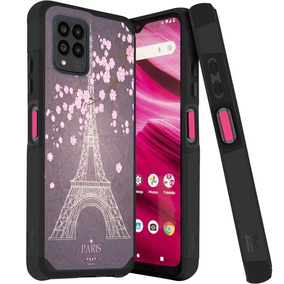 MetKase Hybrid Series Case for T-Mobile REVVL 6 Pro 5G (Magnetic Mount Ready Dual Layer Slim Cover) - Eiffel Tower Blossom